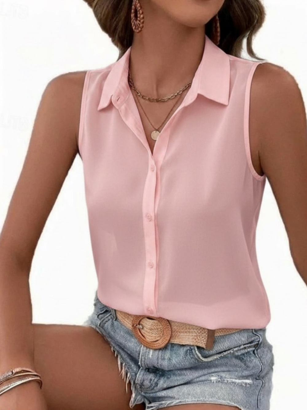Katie K Sheer Pink Top Sleeveless Button Front Collar Size Medium